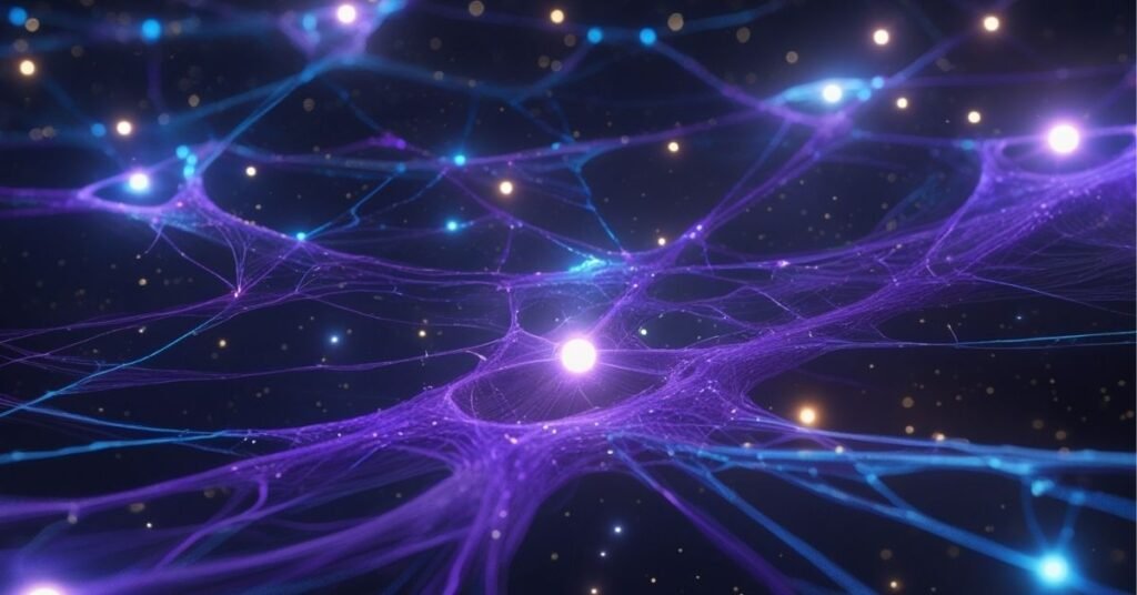 Dark matter cosmic web structure visualization showing invisible scaffolding that holds galaxies together throughout the universe