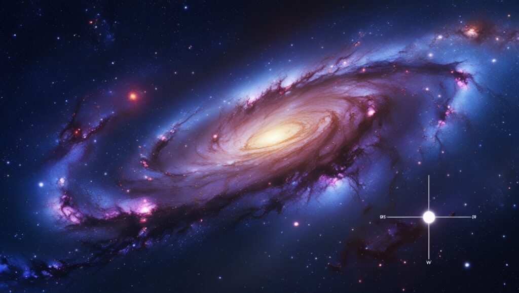 Milky Way galaxy viewed from above showing spiral arms structure with 100000 light-years diameter and location of our solar system