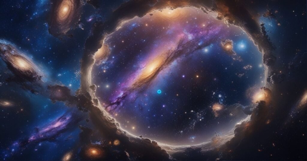 Observable universe visualization showing 93 billion light-years diameter with galaxies, nebulae and cosmic web structure on black space background