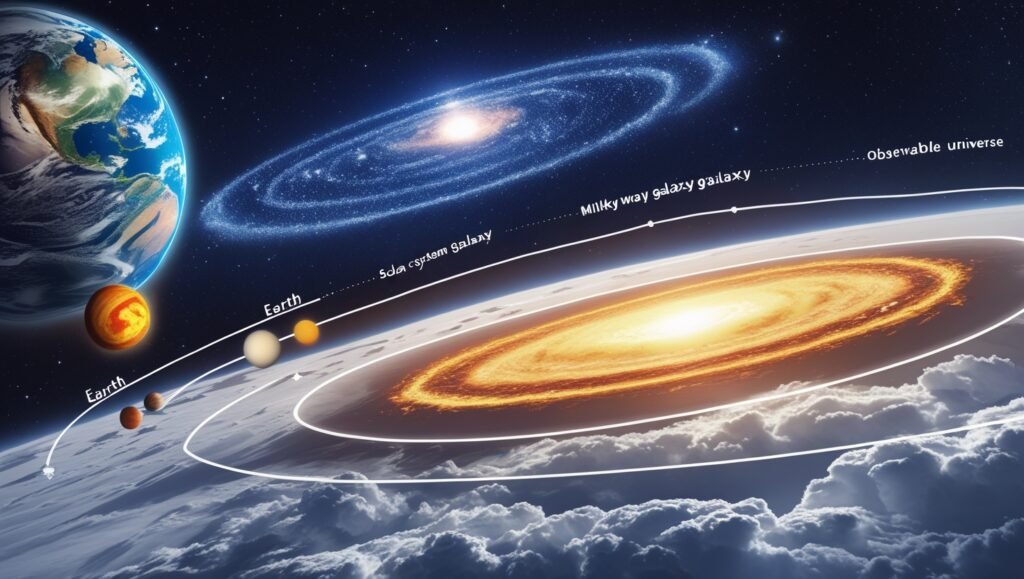 Visual size comparison showing relative scale from Earth to Sun to Solar System to Milky Way galaxy to observable universe
