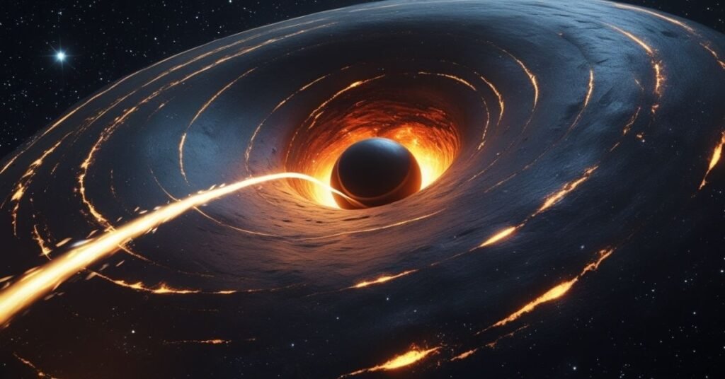 Supermassive black hole with accretion disk and event horizon showing extreme gravitational effects warping space and time