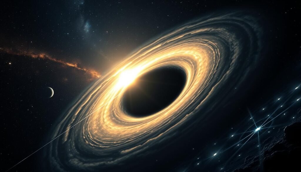 A captivating deep space scene, capturing the majestic role of black holes in the cosmic landscape. In the foreground, a massive, ominous black hole looms, its event horizon a swirling vortex of gravitational might. Surrounding it, a halo of accretion disk material glows with an intense, otherworldly luminescence. In the middle ground, celestial bodies - stars, planets, and nebulae - are warped and distorted by the black hole's immense gravitational pull, their shapes and trajectories altered by the fabric of spacetime. The background is a vast, star-studded expanse, hinting at the black hole's place within the grander scheme of the universe, a testament to its profound influence on the cosmos. The scene is lit by a dramatic chiaroscuro, casting deep shadows and dramatic highlights, conveying the power and mystery of these enigmatic cosmic phenomena.