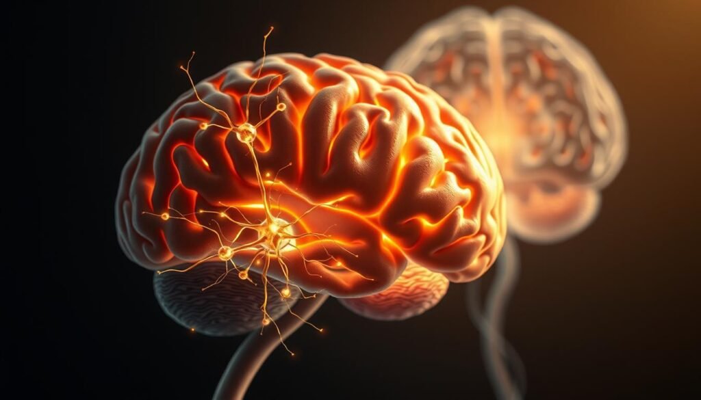 A cross-section of a human brain, illuminated by soft, warm lighting that highlights the intricate neural pathways and synaptic connections. In the foreground, a cluster of neurons firing, symbolizing the dynamic process of memory formation. The middle ground features a detailed rendering of the hippocampus, the brain region crucial for declarative and spatial memory. In the background, a subtle, ethereal representation of the cerebral cortex, with its layered structure and patterns of neural activity. The overall mood is one of scientific exploration and a deeper understanding of the neurobiology of memory.