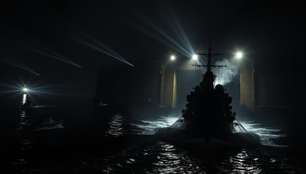 A daring raid at night, the dark waters of the Loire River reflecting the silhouettes of British commandos approaching the German-occupied port of St. Nazaire. Narrow beams of searchlights slice through the inky blackness, illuminating the imposing concrete walls of the massive dry dock. Sleek motor launches and motorized assault craft surge forward, carrying elite soldiers determined to cripple a vital enemy target. In the foreground, the heavily armored bow of the obsolete British destroyer HMS Campbeltown looms, its hull disguised to resemble a German vessel as it rams the gates of the dry dock in a final, desperate act. Clouds of smoke and the crackle of gunfire fill the air, capturing the intensity and danger of this audacious World War II operation.