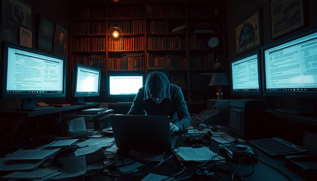A darkened, mysterious room illuminated by the eerie glow of multiple computer screens. Scattered documents, tangled wires, and the faint sound of keyboard taps create an atmosphere of clandestine activity. In the center, a lone figure hunched over a laptop, their features obscured by shadows. Shelves lined with esoteric books and strange artifacts loom in the background, hinting at the secrets lurking within the "Fact Overload" deep web. The lighting is low and moody, casting dramatic shadows and highlighting the sense of tension and intrigue.
