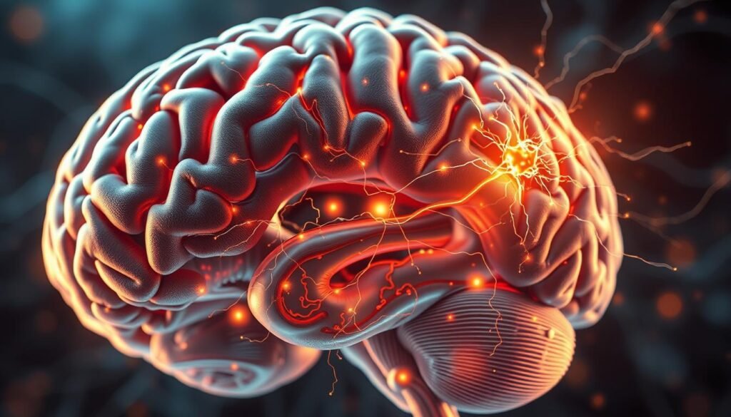 A detailed cross-section of the human brain, with a focus on the neural processes involved in memory encoding. Synaptic connections and electrical impulses illuminate the intricate pathways as memories are formed, captured in a high-definition, photorealistic rendering. Warm lighting casts a subtle glow, accentuating the complexity of the brain's architecture. The image should convey a sense of wonder and scientific curiosity about the inner workings of the mind's memory function.