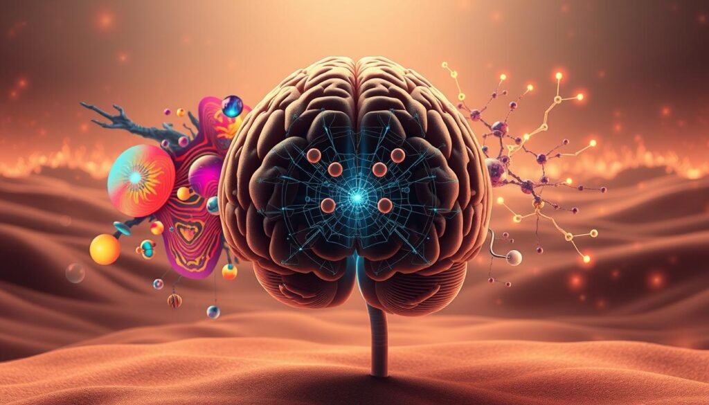A detailed, high-resolution digital illustration depicting the neuroscience of visual illusions. In the foreground, a human brain model surrounded by colorful, abstract optical illusions and visual paradoxes. In the middle ground, a schematic representation of the visual cortex, showing the neural mechanisms that process sensory information and create our perceived reality. In the background, a soft, ethereal landscape with glowing synaptic connections, representing the complex interplay between the brain and sensory perception. Warm, muted colors with dramatic lighting to convey a sense of depth and scientific introspection. Rendered with a photorealistic, high-contrast style to emphasize the technical and neurological aspects of the scene.