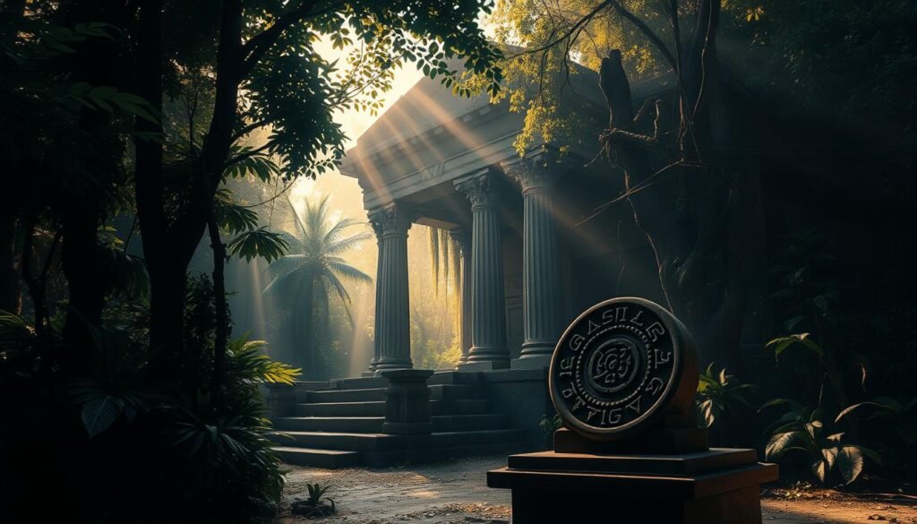 A dimly lit, ancient temple stands amidst lush, overgrown foliage. Weathered stone columns and intricate carvings hint at a lost civilization's grandeur. In the foreground, a mysterious artifact rests on a pedestal, its enigmatic symbols beckoning to be deciphered. Shafts of soft, golden light filter through the canopy, creating an air of mystique and wonder. The scene evokes a sense of forgotten histories and the allure of cultures long disappeared. Shot with a wide-angle lens, the image captures the haunting beauty and lingering mysteries of the past.