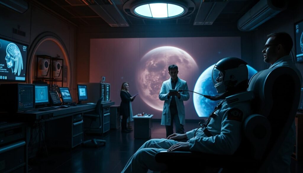 A dimly lit laboratory, with astronauts undergoing a series of psychological tests and simulations. In the foreground, a subject sits in a high-tech chair, connected to a network of monitors and sensors, their face a mask of concentration. In the middle ground, researchers in lab coats observe and record data, their expressions intense and focused. The background is a hazy blend of advanced equipment, holographic displays, and the faint outlines of a simulated space environment, casting an otherworldly glow across the scene. The overall atmosphere is one of intense preparation, as the astronauts push the boundaries of their mental and emotional resilience, preparing for the rigors of space travel.