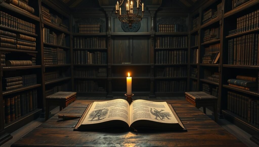 A dimly lit, medieval-style library interior, with intricate wooden shelves lining the walls, filled with ancient tomes and scrolls. In the center, an antique wooden table is illuminated by a single candle, casting warm, flickering light. On the table, an open book reveals hand-drawn illustrations and text, detailing the etymology of the word "Viking" - its Norse origins, meanings, and historical context. The room has a somber, scholarly atmosphere, inviting the viewer to delve into the rich history and linguistic roots of this iconic term.
