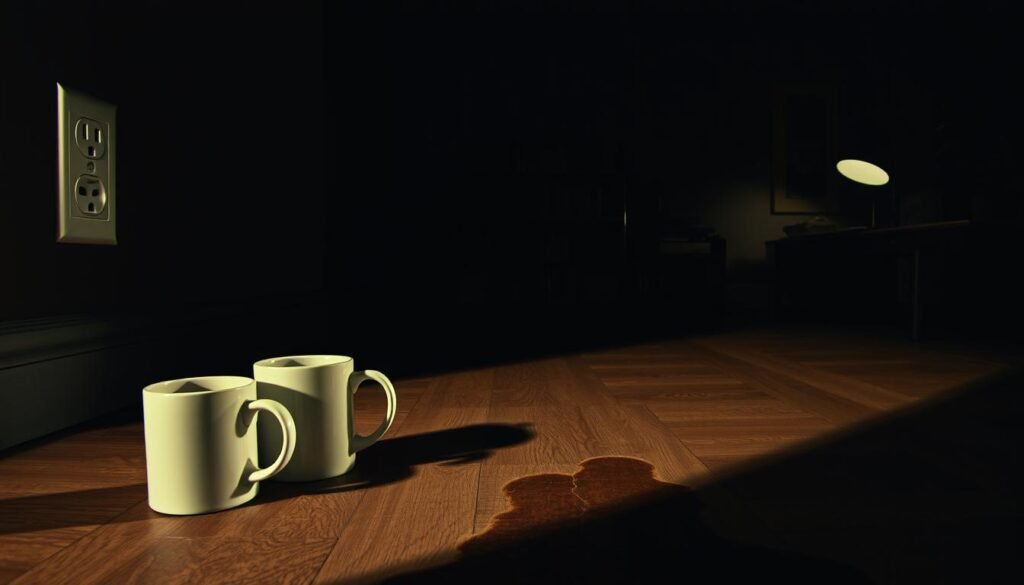 A dimly lit room, everyday objects cast in soft shadows. In the foreground, a collection of familiar shapes - a coffee mug with a face-like appearance, a power outlet that resembles a surprised expression, a cracked wall that forms an abstract pattern. The middle ground reveals more examples - a tree branch twisting into a recognizable figure, a stain on the floor that mimics a human profile. In the background, an array of mundane items - a bookshelf, a potted plant, a desk lamp - all subtly transformed by the observer's perceptive mind, demonstrating the phenomenon of pareidolia. The scene is imbued with a sense of wonder and curiosity, inviting the viewer to explore the hidden faces and forms that exist all around us.