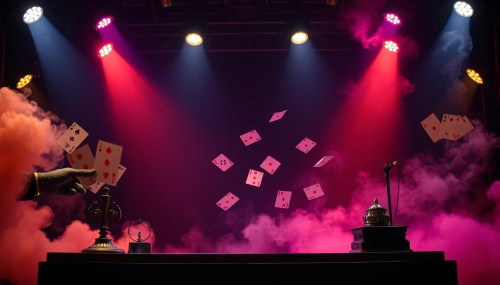 A dimly lit stage, the air thick with anticipation. In the center, a mesmerizing display of magical illusions unfolds. Gloved hands deftly manipulate playing cards, making them vanish and reappear in a dazzling display of sleight of hand. Colorful smoke billows, obscuring the edges of the stage, creating an air of mystery. Spotlights focus on the performer, their movements fluid and captivating, as they defy the laws of physics with effortless grace. Ornate props and intricate mechanisms lend an air of sophistication to the scene, hinting at the complex interplay of perception and deception at the heart of the performance.