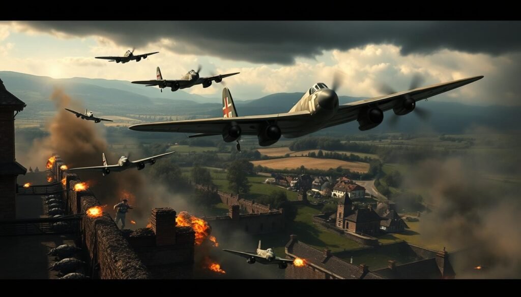 A dramatic scene of Operation Jericho, a daring World War II raid on a French prison to free Resistance fighters. In the foreground, a squadron of British Mosquito fighter-bombers soars over the prison walls, their engines roaring as they unleash a barrage of bombs and machine gun fire. The middle ground reveals the chaos below, with prisoners rushing to escape and guards frantically returning fire. In the background, a small village nestled among rolling hills provides a picturesque but ominous backdrop, the buildings partially obscured by smoke and dust. The image is rendered in a gritty, cinematic style, with dramatic lighting and sharp contrasts that capture the intensity and urgency of the moment.
