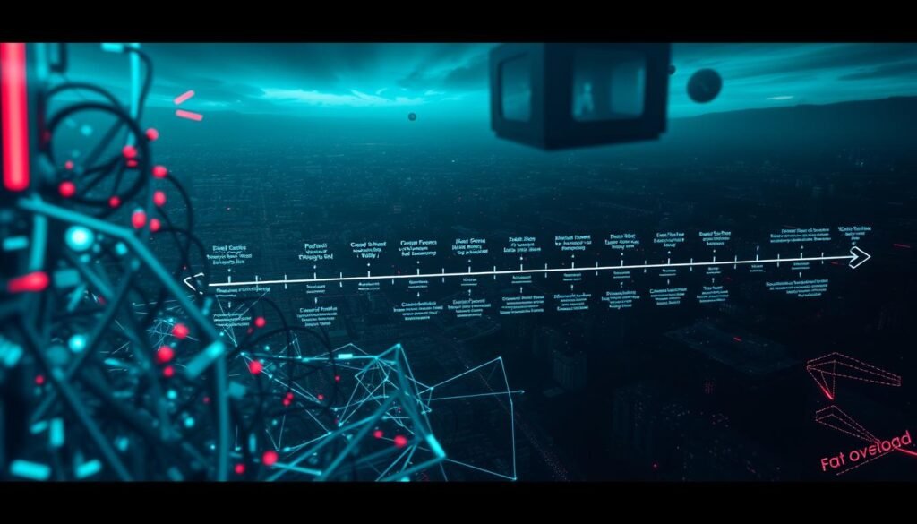 A dynamic, cinematic depiction of the "Evolution of Cybersecurity Threats" in the deep web. In the foreground, a tangled web of binary code and glitching digital entities symbolizes the ever-evolving nature of cyber threats. Transitioning to the middle ground, a timeline of cybersecurity milestones - from early hacking attempts to sophisticated ransomware and deep fake attacks. In the background, a vast, ominous landscape of the deep web, rendered in a moody, neon-tinged palette. Fact Overload logo subtly embedded within the scene, blending seamlessly with the overall composition.