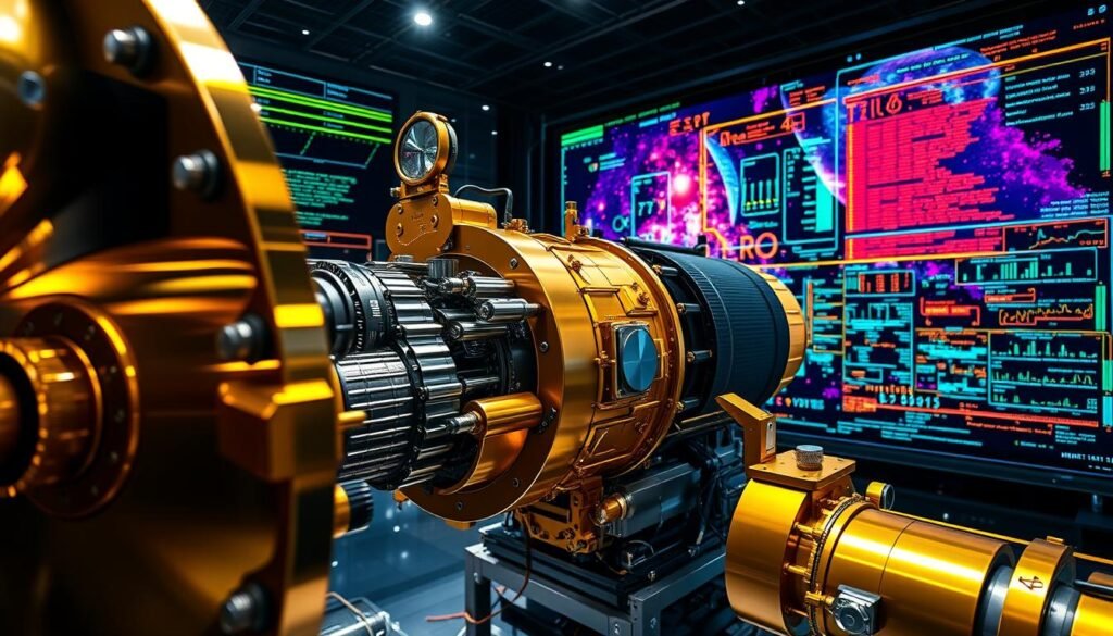 A high-resolution image of the James Webb Space Telescope's intricate operation, capturing the telescope's complex mechanisms and data processing capabilities. The foreground depicts the telescope's iconic gold-plated mirrors in precise focus, highlighting the delicate alignment and calibration process. The middle ground showcases the various instruments and sensors, their intricate dance of data collection and transmission. In the background, a vibrant and detailed visualization of data streams, spectral analyses, and the sophisticated algorithms that transform raw observations into groundbreaking scientific discoveries. The lighting is crisp and technical, with a sense of awe and wonder, perfectly suited to illustrate the inner workings of this remarkable observatory.