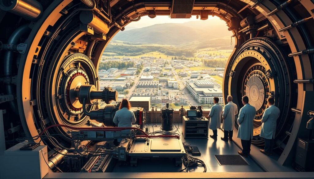 A historic scene of the Large Hadron Collider, the world's largest and most powerful particle accelerator. In the foreground, a detailed cutaway view showcases the intricate inner workings of the collider, with its superconducting magnets and particle beam pipes. In the middle ground, physicists in white lab coats peer intently at data readouts, capturing the collaborative spirit of scientific discovery. The background depicts the sprawling CERN campus, with the iconic LHC ring visible in the distance, surrounded by the lush Swiss countryside. Warm, golden lighting illuminates the scene, conveying the excitement and importance of this groundbreaking scientific instrument and the profound insights it has yielded about the fundamental nature of the universe.
