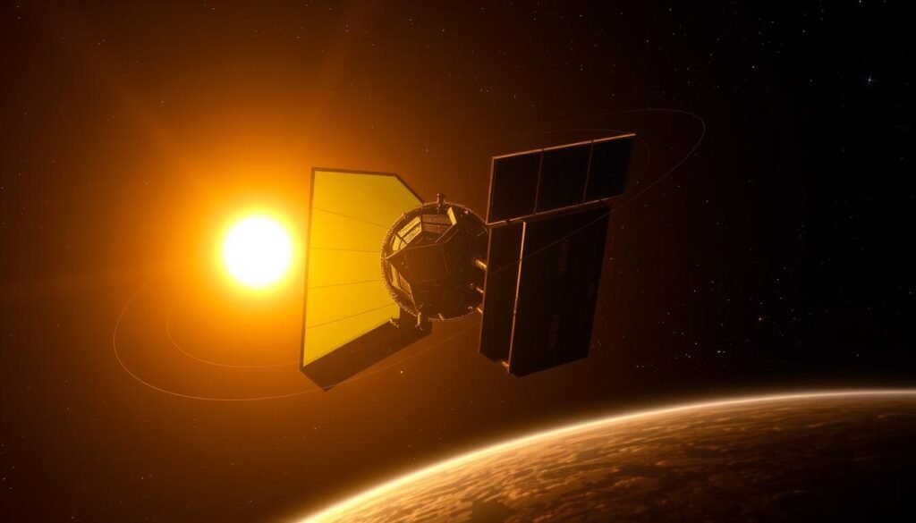 A majestic illustration of the James Webb Space Telescope orbiting the Sun, with its massive golden primary mirror and intricate sunshield fully deployed. The telescope is silhouetted against a rich, starry backdrop, illuminated by soft, warm lighting that accentuates its elegant, angular structure. The scene captures the precise mechanics of the telescope's orbit, showcasing its graceful movements as it navigates the vast expanse of space, poised to unlock the secrets of the universe.