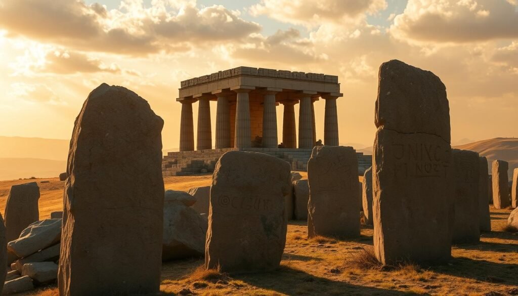 A majestic stone temple rises from a rugged, windswept landscape, its massive pillars and intricate carvings testament to the ingenuity of an ancient, forgotten civilization. In the foreground, weathered megaliths stand as silent sentinels, their surfaces etched with enigmatic symbols. Warm, golden light filters through the clouds, casting a mystical glow over the scene. In the distance, rolling hills and a hazy horizon evoke a sense of timelessness and mystery. The atmosphere is one of reverence and wonder, inviting the viewer to imagine the rituals and beliefs that once thrived within the hallowed walls of Göbekli Tepe, the world's oldest known temple.