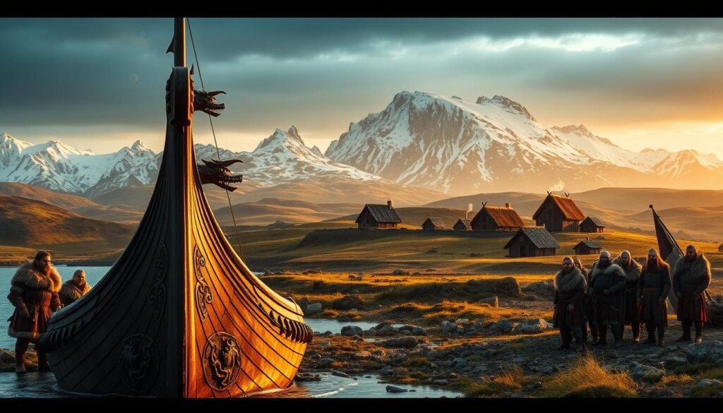 A panoramic view of a rugged Norse landscape, with towering snow-capped mountains in the distance. In the foreground, a longship rests on the shore, its carved dragon prow gleaming in the soft, golden light of a setting sun. Surrounding the ship, a group of Viking warriors, clad in fur-trimmed leather and steel armor, stand vigilant, their weathered faces etched with the stoic determination of their people. In the middle ground, a cluster of turf-roofed longhouses nestles among rolling hills, smoke curling from their chimneys, hinting at the daily lives and traditions of the Viking settlers. The scene is bathed in a moody, atmospheric lighting, creating a sense of timeless grandeur and the weight of centuries-old history.