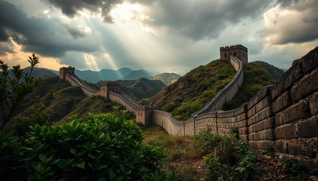 A rugged mountainous landscape with the iconic Great Wall of China snaking across the ridges, its ancient stone and brickwork weathered by the elements. In the foreground, lush green foliage is overtaken by encroaching dust and debris, representing the environmental challenges facing this historic structure. Moody clouds cast shadows over the scene, hinting at the unpredictable weather patterns that erode the wall over time. The lighting is dramatic, with shafts of warm light piercing through gaps in the clouds, highlighting the textural details of the crumbling masonry. The camera angle is low, emphasizing the monumental scale of the Great Wall as it stretches into the distance, a testament to both human achievement and the relentless forces of nature.