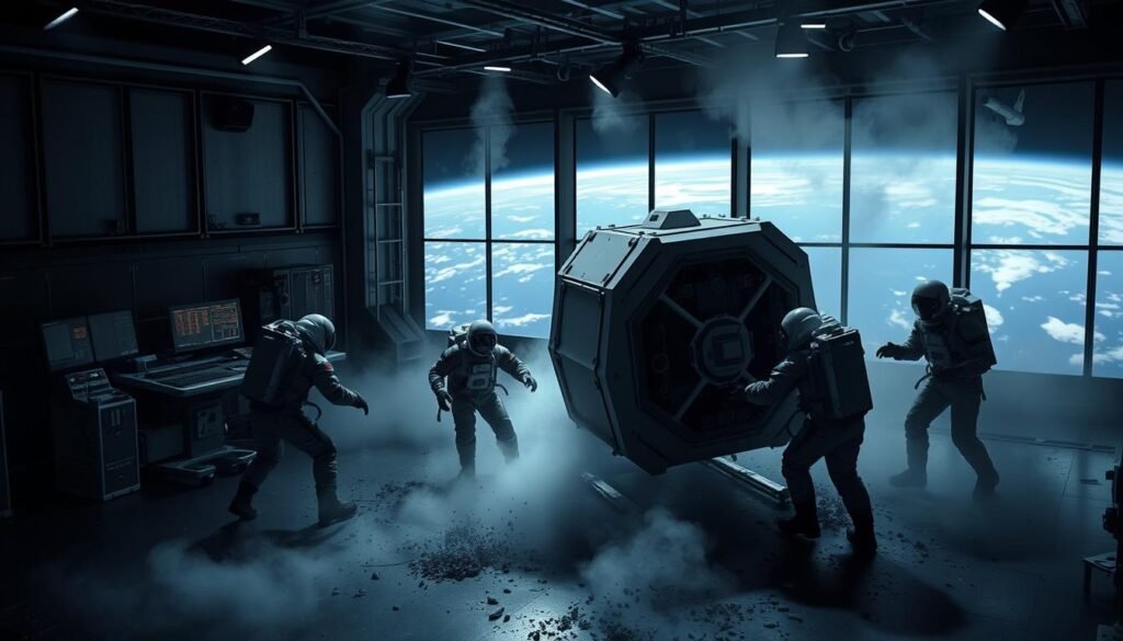 A spacious indoor training facility, dimly lit with focused spotlights. In the foreground, a group of astronauts in pressurized suits practicing emergency landing procedures, maneuvering a mock spacecraft module amidst a simulated environment of smoke and debris. The middle ground features high-tech control panels and monitoring equipment, while the background showcases a panoramic view of the Earth through large observation windows, conveying the sense of being in space. The scene exudes a somber, intense atmosphere as the astronauts hone their skills for potential crisis situations.