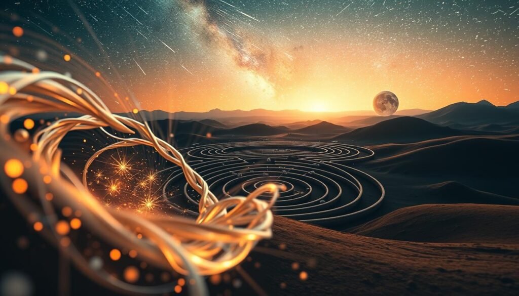 A surreal landscape depicting misconceptions about the speed of light. In the foreground, a distorted, swirling vortex of light particles, hinting at the complexity of light's behavior. In the middle ground, a maze of twisting, interlocking frames of reference, alluding to the relativity of time and space. In the background, a starry sky with celestial bodies frozen in time, challenging the notion of an absolute speed limit. Lighting is a blend of warm and cool tones, creating an ethereal, dreamlike atmosphere. The camera angle is slightly tilted, adding a sense of disorientation. Overall, the image conveys the idea that the speed of light is not as straightforward as commonly believed.