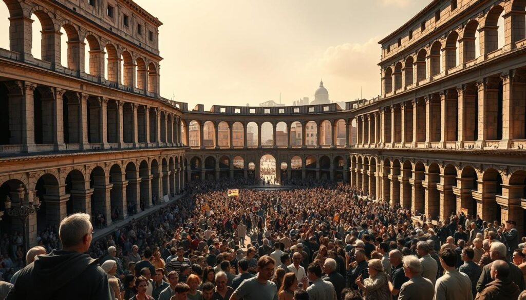 A vast Roman amphitheater stands as a testament to the empire's might, its towering arches casting long shadows over a bustling marketplace. In the foreground, a group of scholars debate the societal factors that led to the empire's decline - the overextension of resources, the rise of Christianity, and the weakening of the military. The middle ground is filled with a throng of citizens, their faces etched with concern as they ponder the uncertain future. In the background, the city skyline is shrouded in a hazy, golden light, a reflection of the empire's former glory. The scene is captured with a wide-angle lens, emphasizing the grand scale and the sense of impending change.