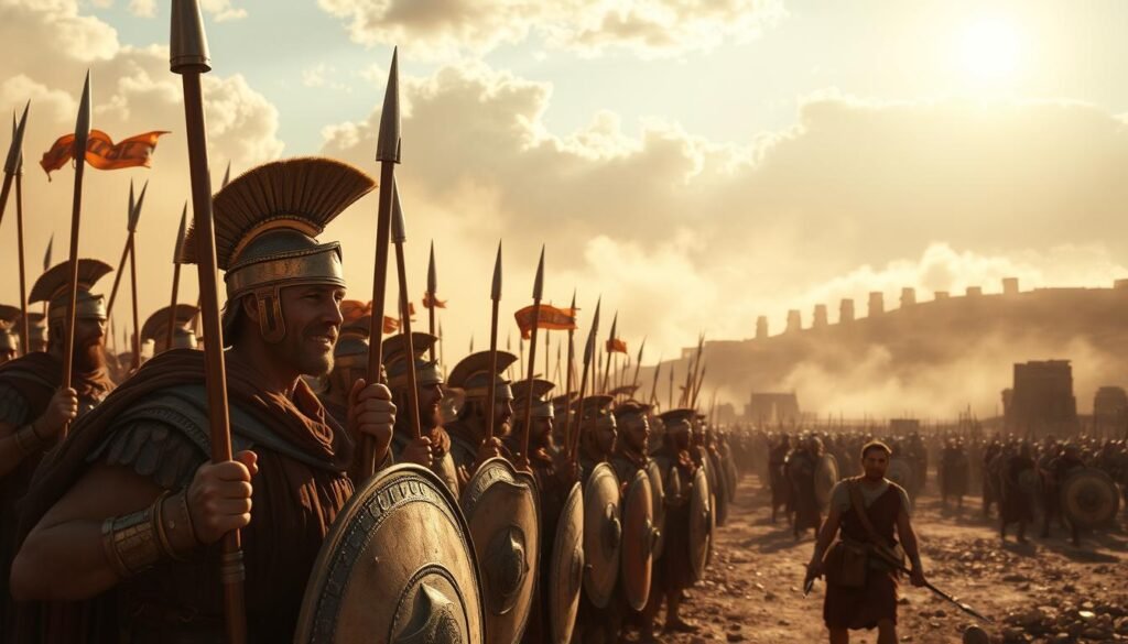 A vast Roman army, weary from battle, stands guard along the crumbling frontier. Dust clouds swirl in the distance, signaling the approach of a formidable enemy. The sun casts a warm, golden glow, illuminating the worn faces of the legionnaires as they grip their spears and shields, bracing for the impending onslaught. In the background, the rugged terrain is dotted with the remnants of old fortifications, a testament to the ongoing struggle to maintain the empire's borders. The scene conveys a sense of dread and the weight of the empire's decline, as the once-mighty Roman legions are forced to confront the growing pressures on their frontiers.