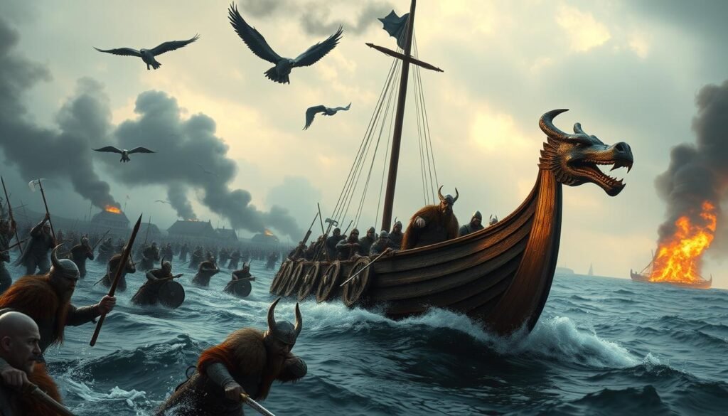 A vast Viking longship cuts through choppy waters, its dragon-headed prow slicing the waves. Fierce Norse warriors, clad in chainmail and furs, wield gleaming axes and swords as they charge into battle. In the background, smoke billows from a raided coastal settlement, its wooden houses aflame. Overhead, Valkyries soar on shadowy wings, bearing the souls of fallen heroes to Valhalla. Dramatic lighting illuminates the scene, casting dramatic shadows and highlights the grim determination on the faces of the Viking raiders. A wide-angle lens captures the epic scale of the conflict, conveying the brutality and chaos of Viking warfare.