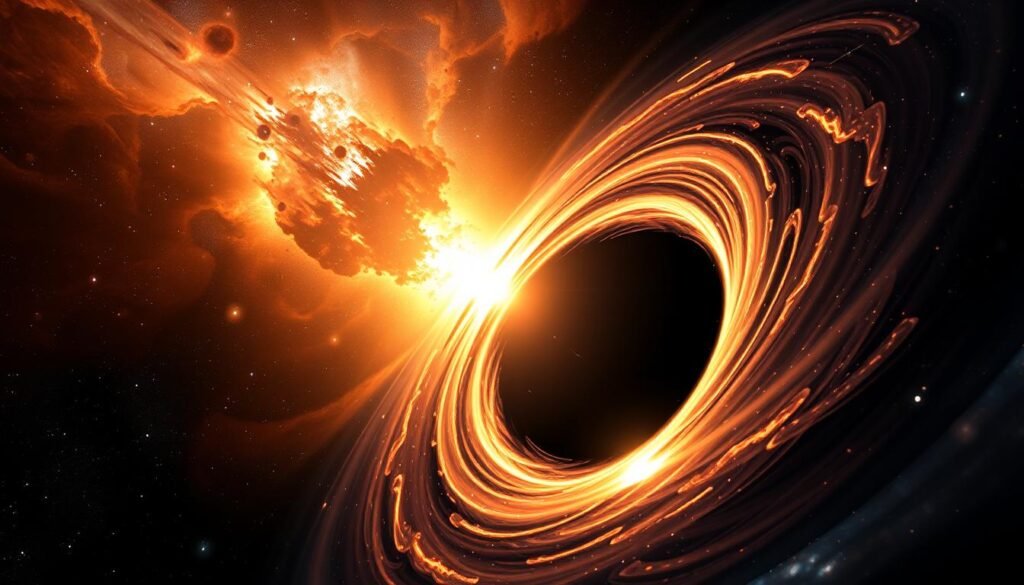 A vast and enigmatic cosmic phenomenon, a black hole, captured in a striking, scientifically accurate illustration. In the foreground, a swirling accretion disk of superheated plasma surrounds the black hole's event horizon, a boundary from which no light can escape. The middle ground depicts the warping of spacetime, with distorted light and gravitational lensing effects. In the background, a starry nebula provides a dramatic backdrop, hinting at the black hole's immense power and its influence on the surrounding universe. The lighting is dramatic, with a mix of warm and cool tones, creating a sense of depth and mystery. The camera angle is slightly tilted, giving the viewer a sense of awe and wonder at the scientific complexity of these celestial wonders.