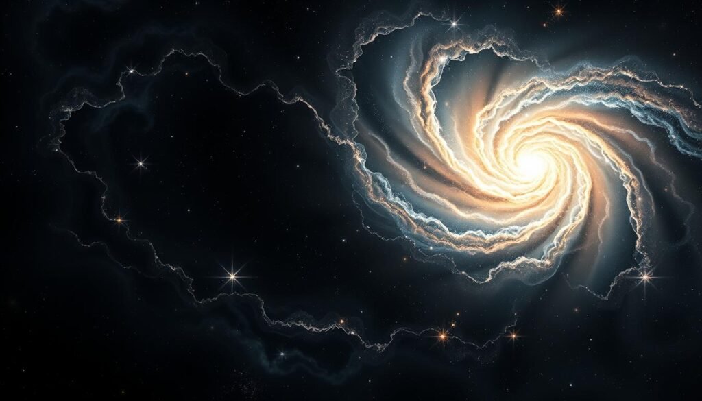 A vast, cosmic void filled with an elusive, invisible substance that permeates the universe, casting its ghostly influence on the celestial bodies around it. Swirling tendrils of dark energy weave through the inky blackness, hinting at the unseen forces that shape the very fabric of existence. Amidst the ethereal glow of distant galaxies, pockets of concentrated dark matter distort the fabric of spacetime, bending light and revealing the hidden architecture of the cosmos. A mysterious, enigmatic presence, dark matter remains one of the greatest unsolved puzzles in modern astrophysics, its true nature forever obscured from our view.