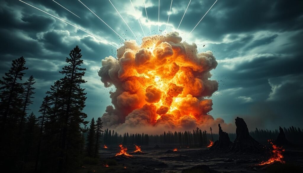 A vast, ominous cloud of dust and debris erupting against a darkened, turbulent sky. At the center, a massive, fiery explosion radiates outward, scattering fragments and debris in all directions. Towering larch trees in the foreground bend and sway, their branches twisted by the immense shockwave. In the middle ground, the land is scorched and scarred, with smoldering craters and shattered rock formations. Streaks of brilliant light dance across the heavens, illuminating the eerie, otherworldly atmosphere. A sense of unnatural, primal power permeates the scene, capturing the enigmatic essence of the Tunguska Event - a mysterious, cataclysmic phenomenon that has puzzled scientists for over a century.
