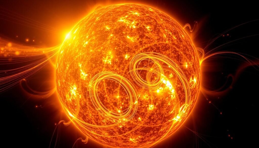 A vast sphere of brilliant plasma, the sun's surface shimmers with intricate patterns of magnetic fields. Sweeping arcs of charged particles dance across the fiery orb, their shifting trajectories illuminated by the intense solar radiation. In the middleground, colossal loops of energy erupt from the sun's surface, their tips trailing off into the inky blackness of space. Wisps of hot plasma, guided by the unseen forces of magnetism, swirl and eddy in the background, creating a mesmerizing display of celestial power. Captured with a wide-angle lens, this scene conveys the awe-inspiring scale and complexity of the sun's magnetic phenomena, essential to the nuclear fusion process that powers our nearest star.