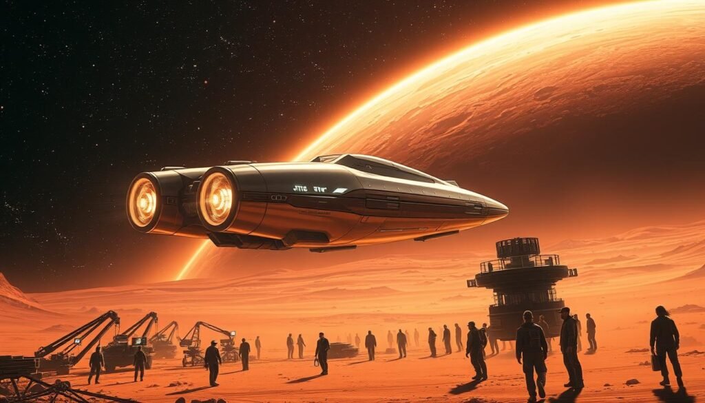A vast, star-filled expanse, with a planet looming in the distance - a red, dusty world, ripe for exploration. In the foreground, a sleek, futuristic spacecraft hovers, its engines glowing with a soft, ethereal light. Surrounding it, a flurry of activity - robotic arms, holographic displays, and teams of scientists and engineers, their faces illuminated by the technological marvels that they have crafted. The scene is bathed in a warm, amber glow, conveying a sense of progress and the triumph of human ingenuity. In the background, a sprawling, Martian landscape unfolds, hinting at the challenges and possibilities that await the intrepid explorers who dare to venture forth and establish a permanent human presence on this alien world.