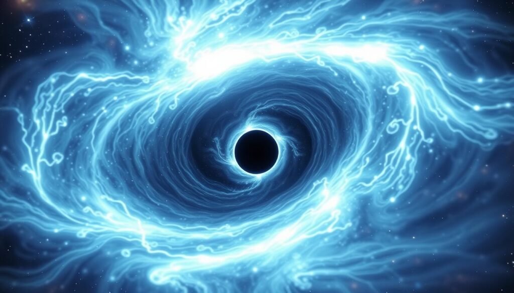 A vast, swirling vortex of cosmic energy, illuminated by an intense, eerie glow. At the center, a dark, foreboding void - the event horizon, a gateway to the unknown. Surrounding it, a swirling maelstrom of glowing plasma, twisted and distorted by the immense gravitational forces. The scene is bathed in an otherworldly, bluish-white light, as if seen through the lens of a high-powered telescope. In the background, a starry expanse stretches out, hinting at the vastness of the universe beyond this singularity. The atmosphere is one of both awe and dread, a sense of the unfathomable power and mystery of the cosmos.