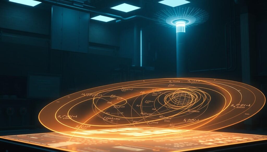 A vast, three-dimensional holographic representation of Einstein's theory of relativity, elegantly suspended in a dimly lit, atmospheric laboratory setting. In the foreground, a detailed schematic of the space-time continuum, with curving lines and distorted geometric shapes, illuminated by a soft, warm glow. In the middle ground, a series of intricate mathematical equations and symbols, rendered in a crisp, high-contrast display. In the background, a towering, cylindrical device emitting a subtle, pulsing energy field, casting a ethereal blue hue across the scene. The overall atmosphere is one of scientific grandeur and intellectual wonder, inviting the viewer to contemplate the profound insights of Einstein's groundbreaking work.