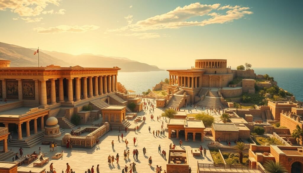 An ancient Minoan palace stands tall, its ornate columns and intricate frescoes bathed in the warm glow of the setting sun. In the foreground, a bustling marketplace thrums with life - merchants haggling, artisans crafting wares, and citizens going about their daily routines. The middle ground reveals the grandeur of the Minoan civilization, with sprawling architectural marvels and lush, terraced gardens. In the distance, the shimmering azure of the Aegean Sea stretches out, hinting at the Minoans' seafaring prowess and far-reaching trade networks. An atmosphere of mystery and wonder pervades the scene, as if the viewer has been transported back in time to witness the height of this remarkable, long-lost European culture.