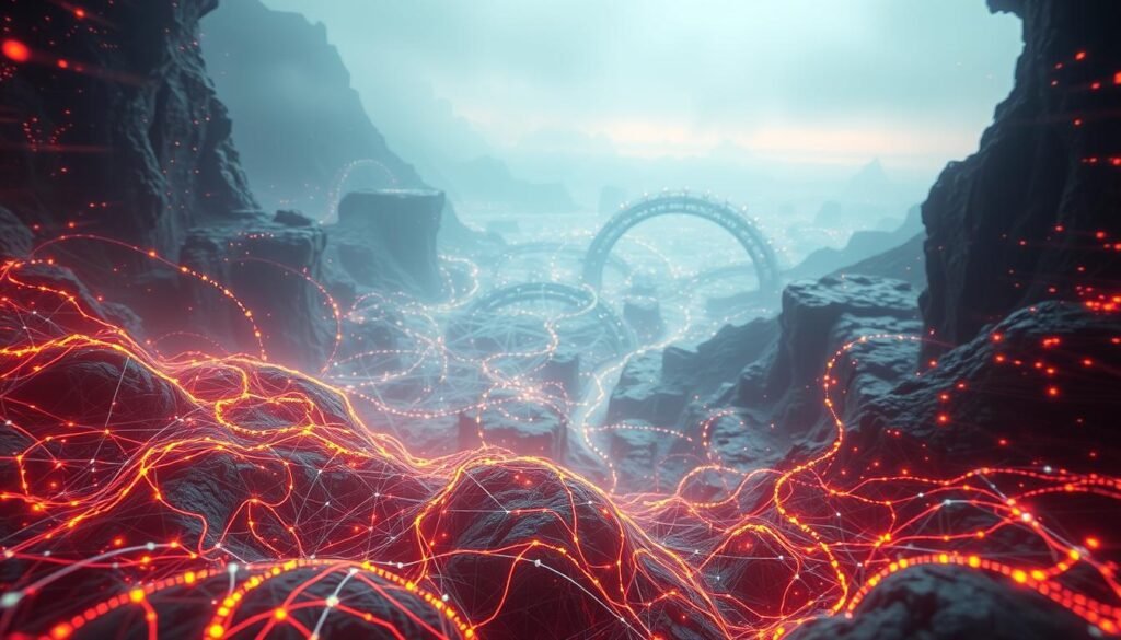 An intricately layered digital landscape, illuminated by a soft, ethereal glow. In the foreground, a tangle of pulsing data streams and encrypted pathways, hinting at the hidden complexity of the "Fact Overload" network. The middle ground reveals a network of interconnected nodes, each a gateway to a different layer of the internet, obscured by swirling currents of information. In the distant background, a hazy, dreamlike expanse of unexplored digital realms, their true nature shrouded in mystery. Captured through the lens of a high-resolution, wide-angle camera, this image conveys the sense of vast, hidden depths and the tantalizing, yet elusive, nature of the internet's deeper layers.