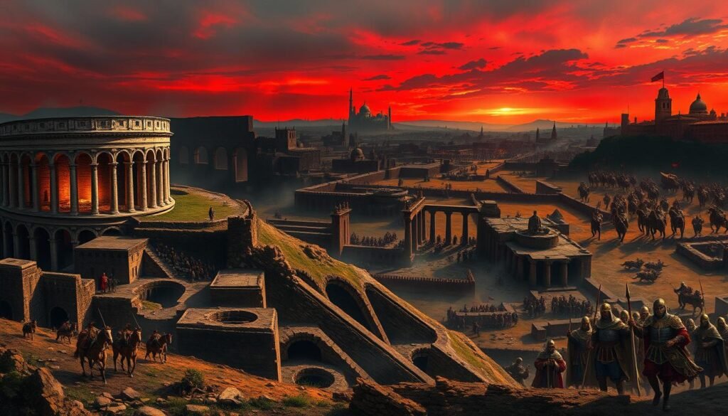 Dramatic rendering of the fall of the Roman Empire, step by step. In the foreground, a series of vignettes depicting key events: the sacking of Rome by Visigoths, civil wars, economic collapse, and the rise of Christianity. In the middle ground, a panoramic view of the Roman Empire's decline, with crumbling aqueducts, abandoned cities, and barbarian hordes on the march. In the background, a blood-red sky and the silhouettes of once-mighty legions in retreat. Rendered in a dark, cinematic style with dramatic lighting and textured brushstrokes, capturing the tragic grandeur of the empire's downfall.