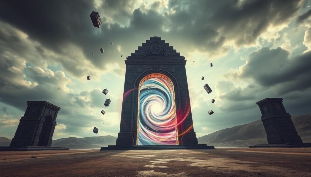 Mysterious portal to a parallel dimension, towering archway of ancient stone standing in a desolate, otherworldly landscape. Swirling vortex of shifting colors and ethereal energy emanating from the portal's threshold, casting an eerie, supernatural glow. Floating fragments of a foreign, geometric architecture drift in the air, hinting at the strange, unknown realm beyond. Foreboding clouds gather in the skies above, ominous and charged with a sense of the unknown. Dramatic, low-angle composition emphasizes the grandeur and enigmatic power of this gateway to another world.