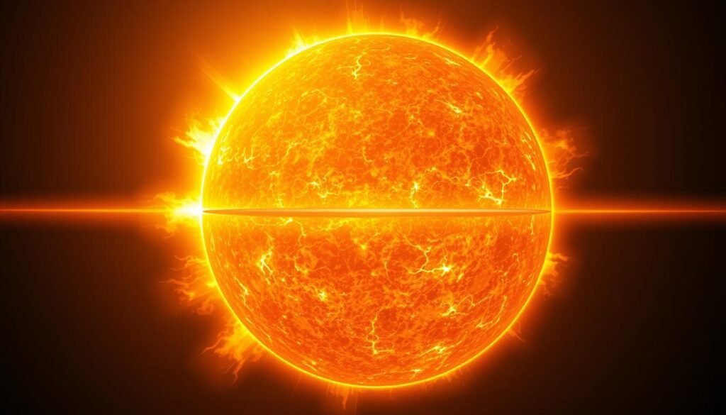 a detailed cross-section of the sun's internal structure, showing the core, radiative zone, convective zone, and photosphere, rendered in a photorealistic style with a scientific and educational aesthetic, with precise details of the different layers and their respective characteristics, illuminated by a warm, natural light source that casts subtle shadows, highlighting the three-dimensional depth and complexity of the sun's interior, creating a visually engaging and informative illustration