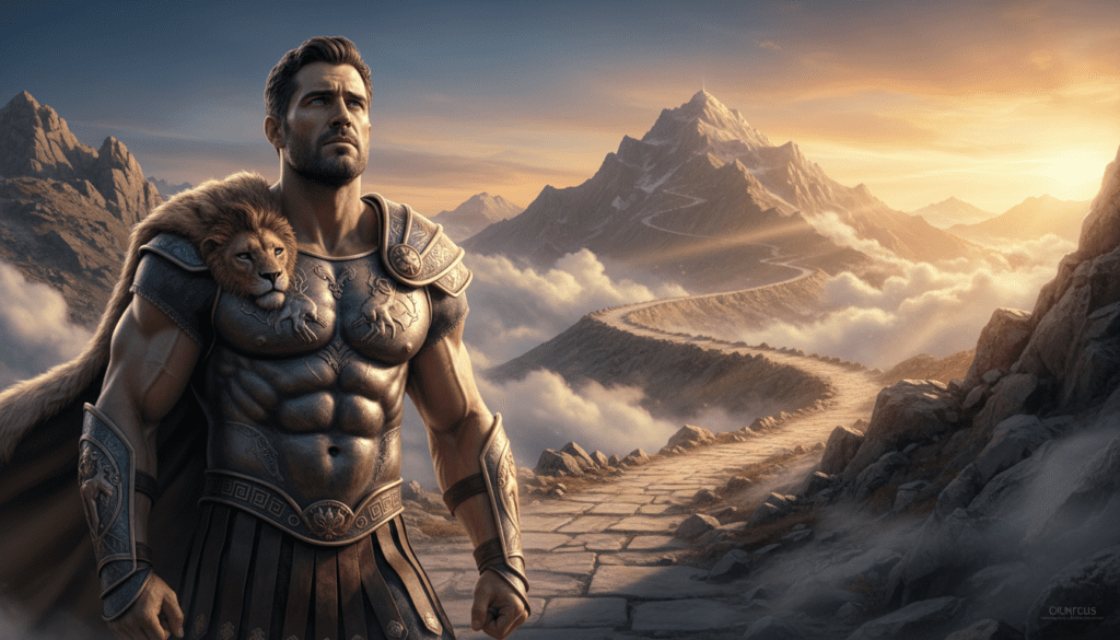 Greek mythology hero Hercules ascending to Mount Olympus