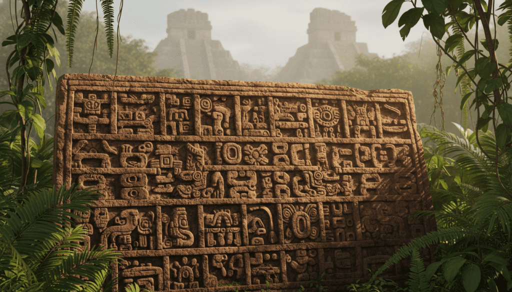 Maya hieroglyphics carved in stone